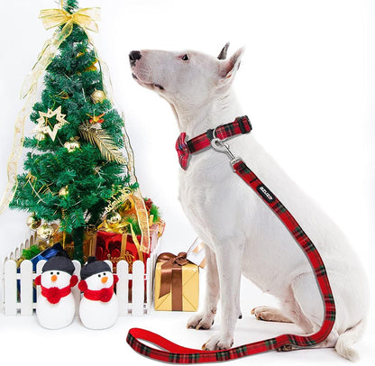 Festive Buffalo Plaid Dog Collar & Leash Set with Removable Bowtie - Perfect for Large Dogs!