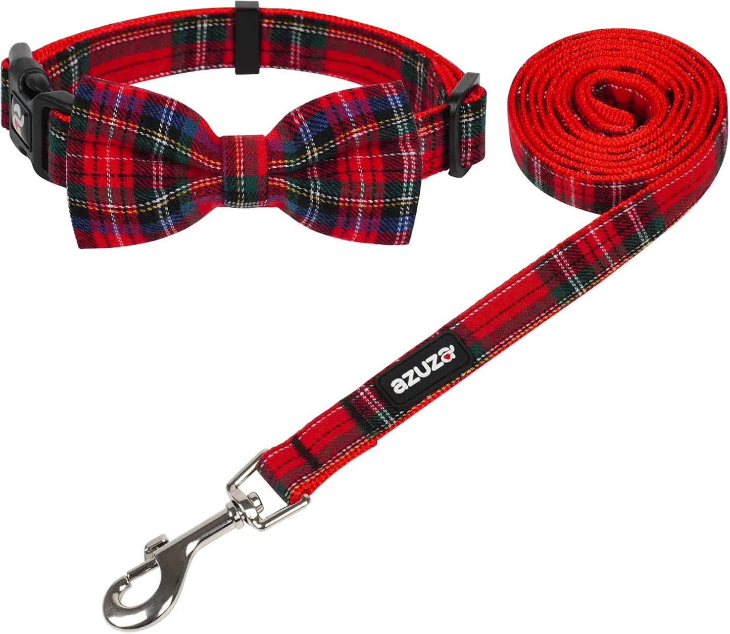 Festive Buffalo Plaid Dog Collar & Leash Set with Removable Bowtie - Perfect for Large Dogs!