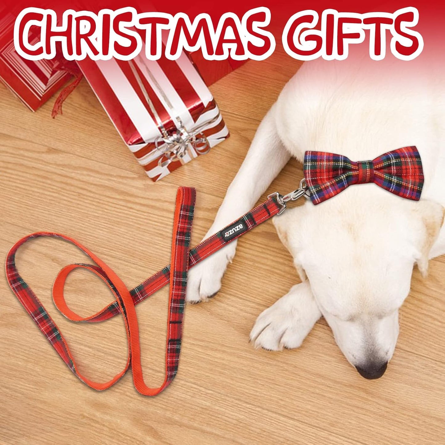 Festive Buffalo Plaid Dog Collar & Leash Set with Removable Bowtie - Perfect for Large Dogs!